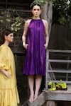 Shop_Ozel_Purple Linen Satin Solid Halter Layla Neck Tiered Dress_Online_at_Aza_Fashions