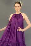 Ozel_Purple Linen Satin Solid Halter Layla Neck Tiered Dress_at_Aza_Fashions