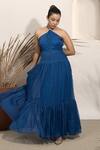 Buy_Ozel_Blue Chiffon Stripe Halter Neck Noir Tiered Gown _Online_at_Aza_Fashions