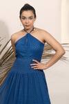 Shop_Ozel_Blue Chiffon Stripe Halter Neck Noir Tiered Gown _Online_at_Aza_Fashions