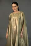 Ozel_Green Shimmer Crepe Round Zayna Cowl Drape Kaftan_Online_at_Aza_Fashions