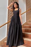 Buy_Ozel_Black Lycra Cotton Square Zoe Ruffle Strap Maxi Dress_at_Aza_Fashions