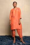 Buy_Avni Bhuva_Orange Linen Embroidery V-neck Niko Placement Floral Motif Kurta And Pant Set _at_Aza_Fashions