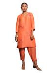 Avni Bhuva_Orange Linen Embroidery V-neck Niko Placement Floral Motif Kurta And Pant Set _Online_at_Aza_Fashions