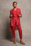 Buy_Avni Bhuva_Red Silk V Neck Shinto Asymmetric Cape Pant Set _at_Aza_Fashions