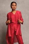 Shop_Avni Bhuva_Red Silk V Neck Shinto Asymmetric Cape Pant Set _at_Aza_Fashions