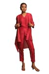 Avni Bhuva_Red Silk V Neck Shinto Asymmetric Cape Pant Set _Online_at_Aza_Fashions