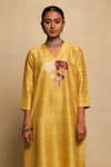 Shop_Avni Bhuva_Yellow Silk V Neck Teru Floral Motif Kurta And Pant Set _at_Aza_Fashions