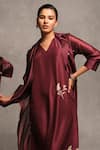 Shop_Avni Bhuva_Wine Dress Silk V Neck Twany Solid With Organza Cape _at_Aza_Fashions