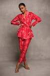 Buy_Avni Bhuva_Red Silk Printed Floral Shawl Collar Unshiu Jacket And Pant Set _at_Aza_Fashions