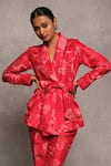 Shop_Avni Bhuva_Red Silk Printed Floral Shawl Collar Unshiu Jacket And Pant Set _at_Aza_Fashions