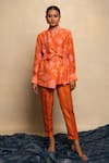 Buy_Avni Bhuva_Orange Silk Printed Floral Shawl Collar Unshiu Tie-up Jacket And Pant Set _at_Aza_Fashions