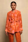 Shop_Avni Bhuva_Orange Silk Printed Floral Shawl Collar Unshiu Tie-up Jacket And Pant Set _at_Aza_Fashions