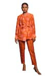 Avni Bhuva_Orange Silk Printed Floral Shawl Collar Unshiu Tie-up Jacket And Pant Set _Online_at_Aza_Fashions