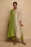 Buy_Avni Bhuva_Green Kurta Silk Stack V Neck Ginkgo Pattern Ombre With Pant _at_Aza_Fashions