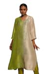 Shop_Avni Bhuva_Green Kurta Silk Stack V Neck Ginkgo Pattern Ombre With Pant _at_Aza_Fashions