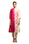 Shop_Avni Bhuva_Pink Kurta Silk Flora Striped Round Neck Goji Pattern With Pant _at_Aza_Fashions