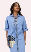 Buy Richaa Goenka Blue Cotton Printed Flower Collared Eyelet Front Placket Dress Online at Aza Fashions Buy_Richaa Goenka_Blue Cotton Printed Flower Collared Eyelet Front Placket Dress _Online_at_Aza_Fashions