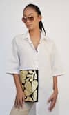 Richaa Goenka White Cotton Applique Leather Collared Work Asymmetric Shirt at Aza Fashions Richaa Goenka_White Cotton Applique Leather Collared Work Asymmetric Shirt _at_Aza_Fashions