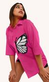 Shop Richaa Goenka Pink Cotton Hand Embroidery Bead Collared Butterfly Oversized Shirt at Aza Fashions Shop_Richaa Goenka_Pink Cotton Hand Embroidery Bead Collared Butterfly Oversized Shirt _at_Aza_Fashions