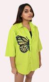 Shop Richaa Goenka Green Cotton Hand Embroidery Bead Collared Butterfly Oversized Shirt at Aza Fashions Shop_Richaa Goenka_Green Cotton Hand Embroidery Bead Collared Butterfly Oversized Shirt _at_Aza_Fashions