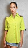 Shop Richaa Goenka Green Cotton Collared Spike Patch Detailed Shirt at Aza Fashions Shop_Richaa Goenka_Green Cotton Collared Spike Patch Detailed Shirt _at_Aza_Fashions