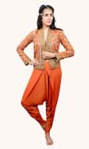 Buy_Richaa Goenka_Orange Crepe Hand Embroidery Floral Open Applique Jacket With Dhoti Pant _at_Aza_Fashions