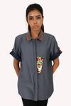 Shop_Richaa Goenka_Grey Cotton Hand Embroidery Bead Collared Placement Shirt_at_Aza_Fashions
