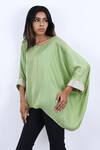 Shop_Richaa Goenka_Green Satin Hand Embroidered Stones Round Cuff Poncho Top_at_Aza_Fashions