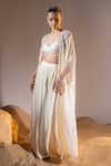 Shop_TYOHAR_Ivory Crepe Embroidery Sequin V Neck Naima Pearl Glory Kaftan Pleated Pant Set _Online_at_Aza_Fashions