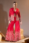 Buy_TYOHAR_Red Dupion Embroidery Raflesia Garden Lapel Adara Blazer Flared Pant Set _at_Aza_Fashions