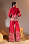 Shop_TYOHAR_Red Dupion Embroidery Raflesia Garden Lapel Adara Blazer Flared Pant Set _at_Aza_Fashions