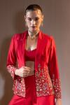 TYOHAR_Red Dupion Embroidery Raflesia Garden Lapel Adara Blazer Flared Pant Set _Online_at_Aza_Fashions