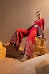 Shop_TYOHAR_Red Dupion Embroidery Raflesia Garden Lapel Adara Blazer Flared Pant Set _Online_at_Aza_Fashions