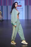 Sandhya Shah_Green Crepe, Linen Embroidery Collared Floral Print Jacket And Jogger Pant Set _Online_at_Aza_Fashions