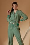 Buy_Sandhya Shah_Green Crepe, Linen Embroidery Collared Floral Print Jacket And Jogger Pant Set _Online_at_Aza_Fashions