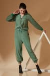 Sandhya Shah_Green Crepe, Linen Embroidery Collared Floral Print Jacket And Jogger Pant Set _at_Aza_Fashions