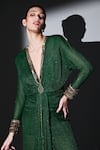 Nikita Mhaisalkar_Green Pure Georgette Hand Embroidered Sequin Plunge V Draped Maxi Dress_at_Aza_Fashions