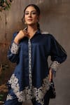 Label Niti Bothra_Blue Chanderi Silk Embroidery Thread Floral Applique Work Shirt And Pant Set _at_Aza_Fashions