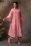 Buy_Label Niti Bothra_Pink Chanderi Silk Embroidery Thread Collar Long Shirt Kurta And Pant Set _at_Aza_Fashions