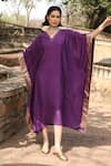 Buy_Weaver Story_Purple Handloom Pure Silk Handwoven Sanjaab V Neck Benaras Border Kaftan _at_Aza_Fashions