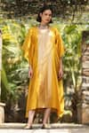 Buy_Weaver Story_Yellow Handloom Pure Silk Handwoven Sanjaab Round Neck Kaftan _at_Aza_Fashions