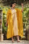 Weaver Story_Yellow Handloom Pure Silk Handwoven Sanjaab Round Neck Kaftan _at_Aza_Fashions