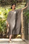 Buy_Weaver Story_Grey Handloom Pure Silk Handwoven Sanjaab V Neck Benaras Bloom Border Kaftan _at_Aza_Fashions