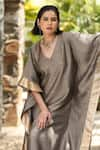 Weaver Story_Grey Handloom Pure Silk Handwoven Sanjaab V Neck Benaras Bloom Border Kaftan _Online_at_Aza_Fashions