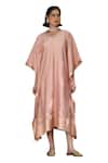 Shop_Weaver Story_Pink Handloom Pure Silk Handwoven Sanjaab V Neck Trim Border Kaftan_Online_at_Aza_Fashions