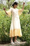 Shop_Weaver Story_Yellow Chanderi Silk Embroidered Floral Round Neck A-line Handblock Print Dress _Online_at_Aza_Fashions