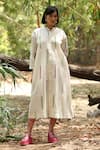 Buy_Weaver Story_White Chanderi Silk Embroidered Strip Mandarin Collar Kantha Hand Dress _at_Aza_Fashions