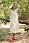 Buy_Weaver Story_White Chanderi Silk Embroidered Strip Mandarin Collar Kantha Hand Dress _Online_at_Aza_Fashions