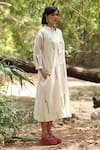 Shop_Weaver Story_White Chanderi Silk Embroidered Strip Mandarin Collar Kantha Hand Dress _Online_at_Aza_Fashions